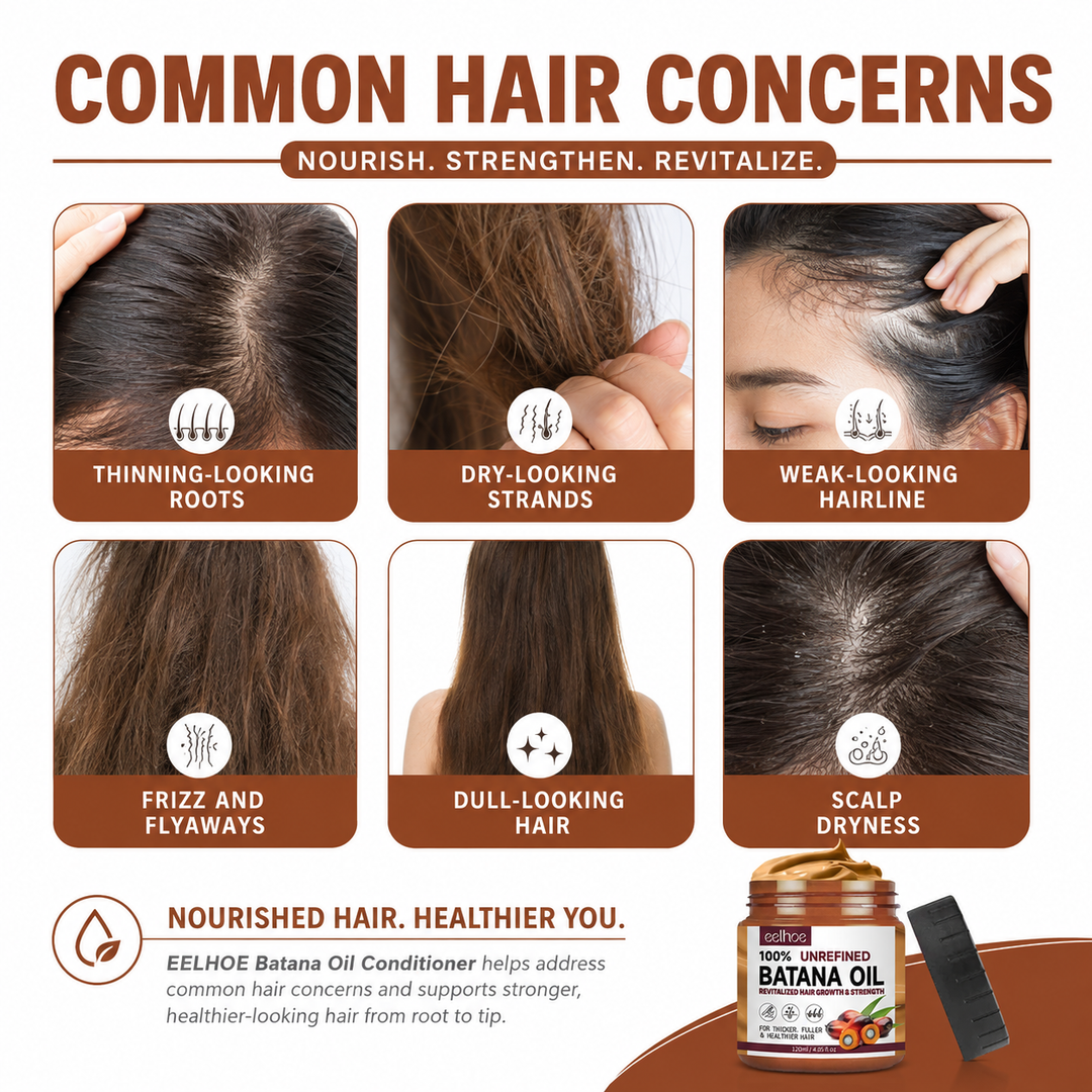 EELHOE Batana Oil Conditioner infographic showing common hair concerns and product care benefits on a clean white background.