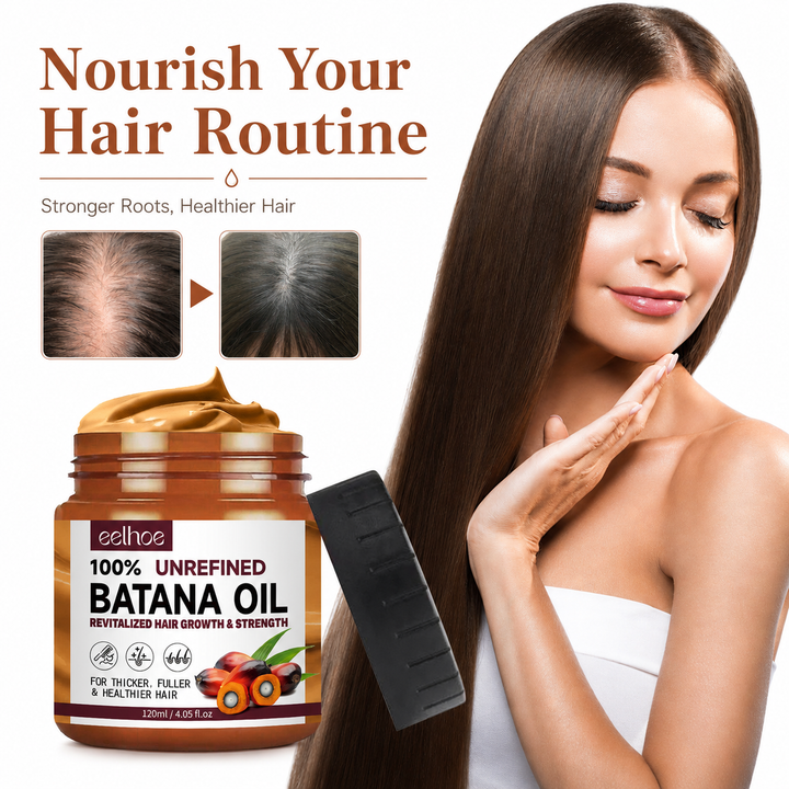 EELHOE Batana Oil Conditioner lifestyle image with woman, smooth-looking hair and product jar on a clean white background.
