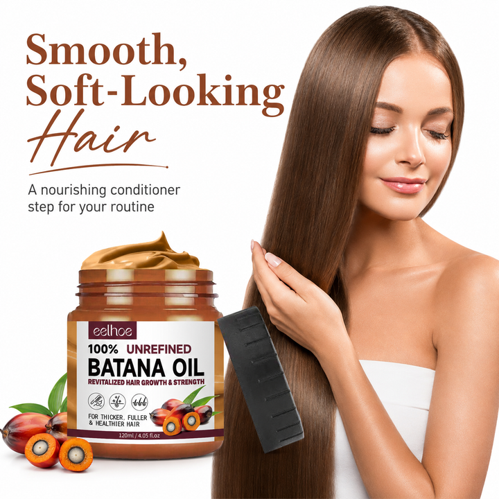 Batana Oil Conditioner lifestyle image with woman touching smooth-looking hair beside EELHOE jar on a clean white background.