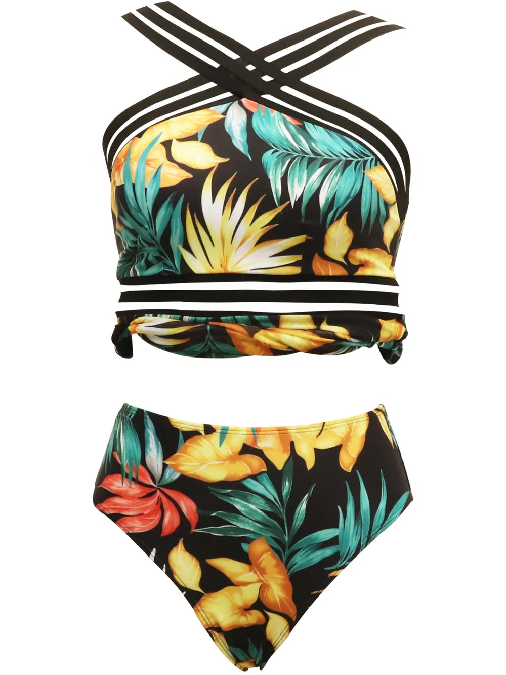 two-piece swim set for women cutout printed two-piece swim set styled with white cover-up and straw bag poolside
