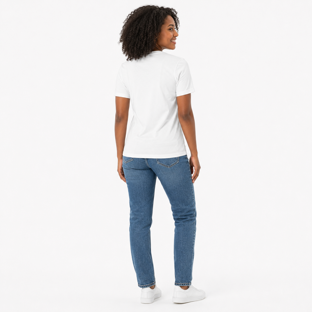 Close-up of black motivational print on white cotton t shirt showing clear text and a focused daily action message for goals.