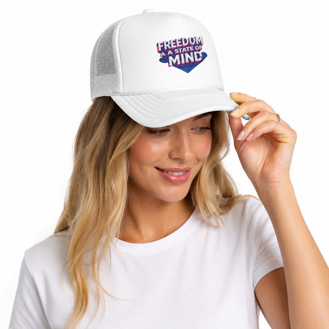 Foam front trucker hat styled as a summer travel accessory