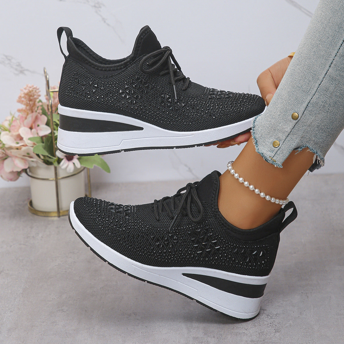 Ins Rhinestone Wedge Sneakers With Hidden Height Boost