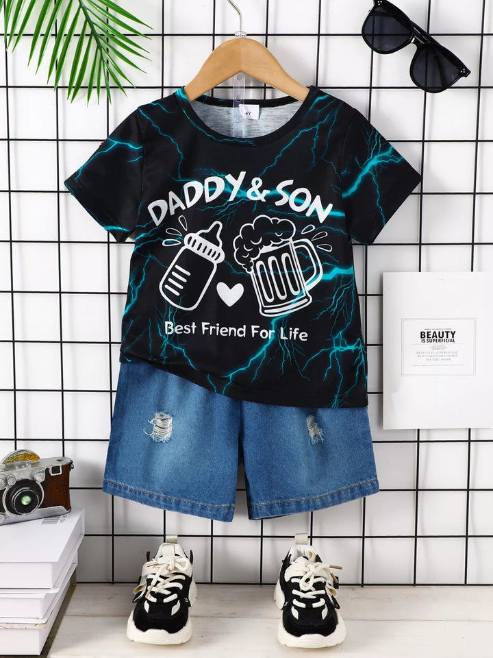 Daddy & Son Lightning Set boys denim shorts waistband stitching view