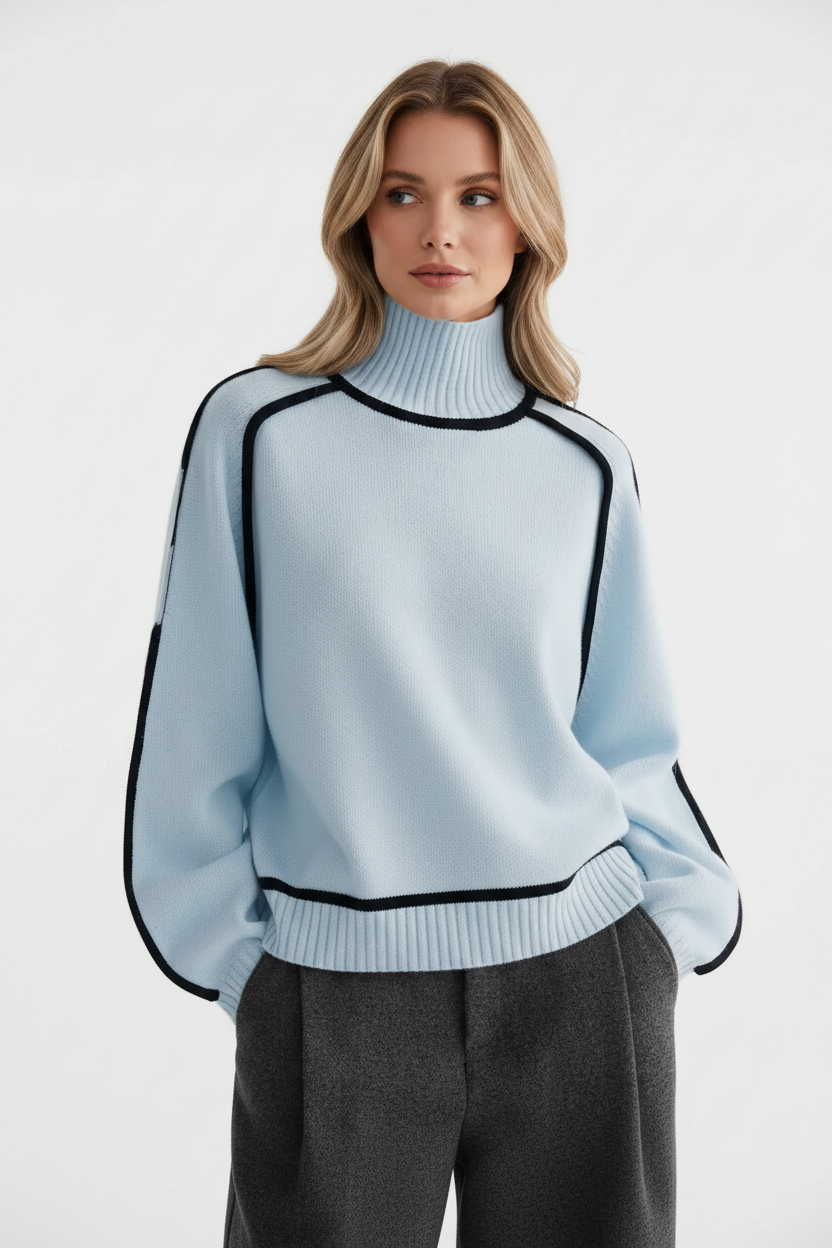Relaxed fit turtleneck sweater folded on a clean surface to show the two-tone trim and rib knit texture
