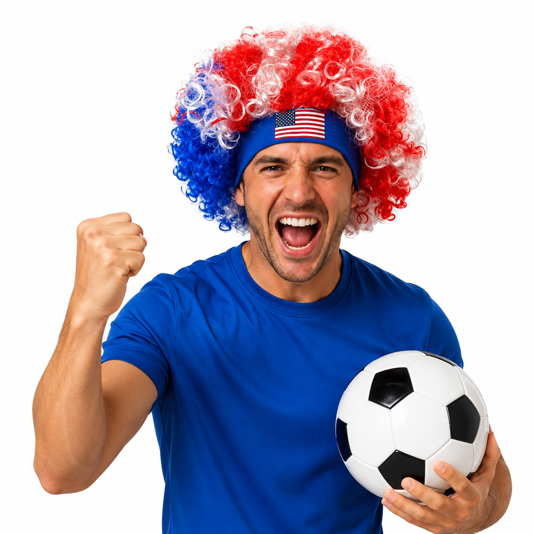 Red white blue headband wig accessory for soccer fans, featuring soft synthetic curls and a standout patriotic style for USA.