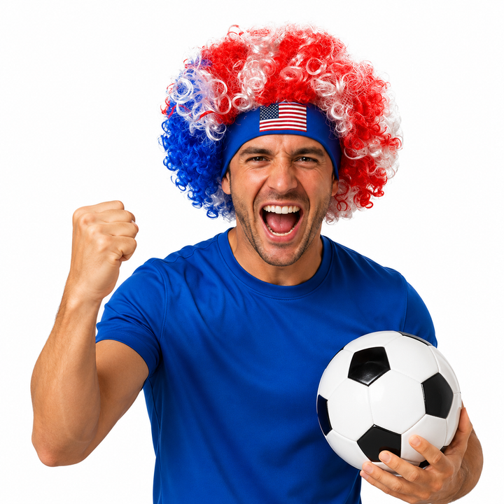Red white blue headband wig accessory for soccer fans, featuring soft synthetic curls and a standout patriotic style for USA.