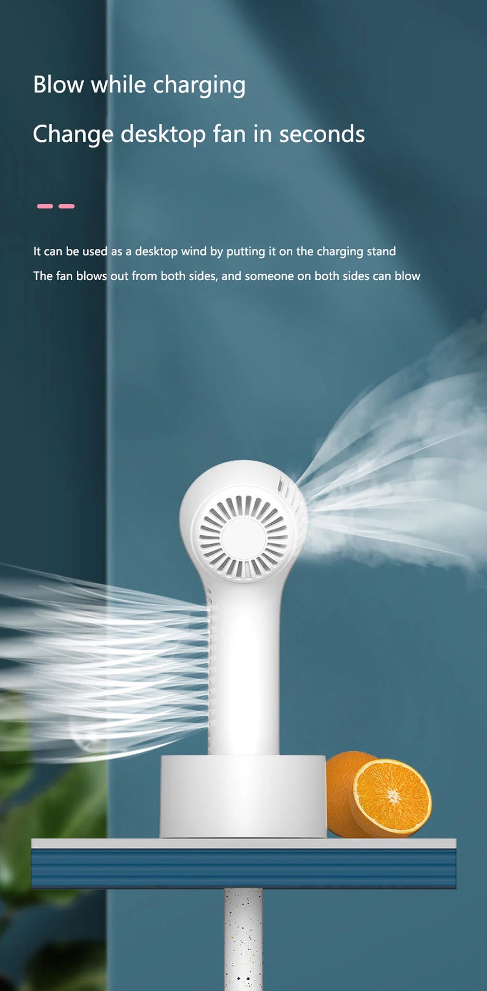 Portable fan blowing air with text on a blue background