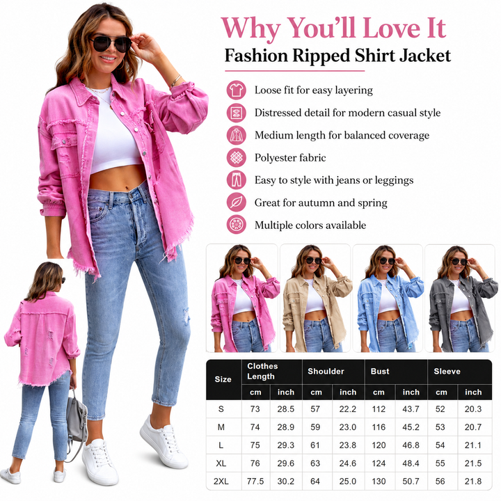 A promotional graphic for a fashion ripped shirt jacket. The main panel shows a woman modeling a pink jacket over a white crop top and blue jeans, with text listing benefits and a size chart.