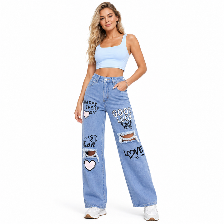 Women’s wide leg denim jeans with printed distressed finish, casual raw edge hem, and easy pairing with fitted tops and denim