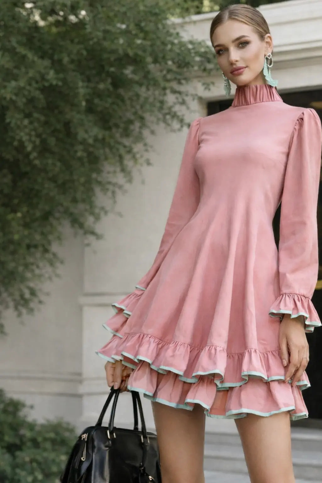 High neck vintage dress double-layered ruffle hem with contrast piping