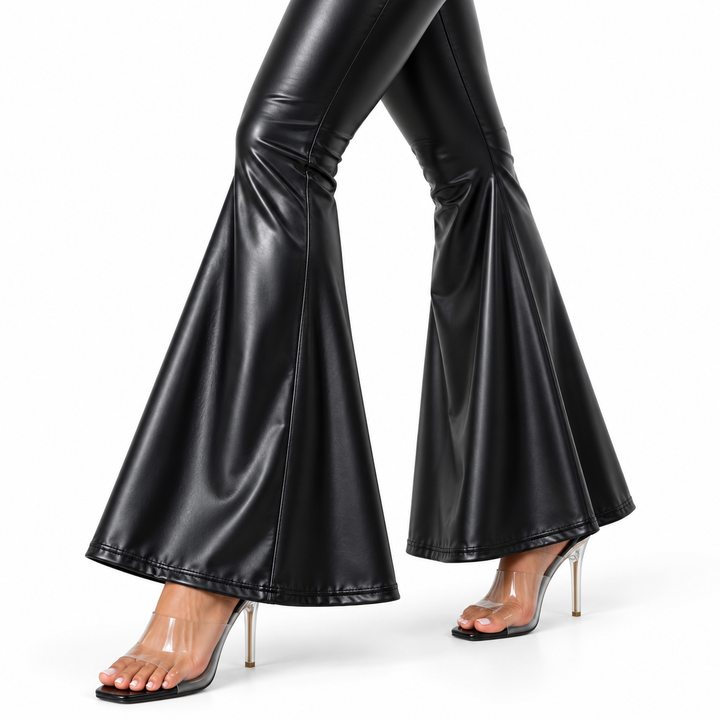 Close-up of wide bell-bottom hems, stitching and clear heels