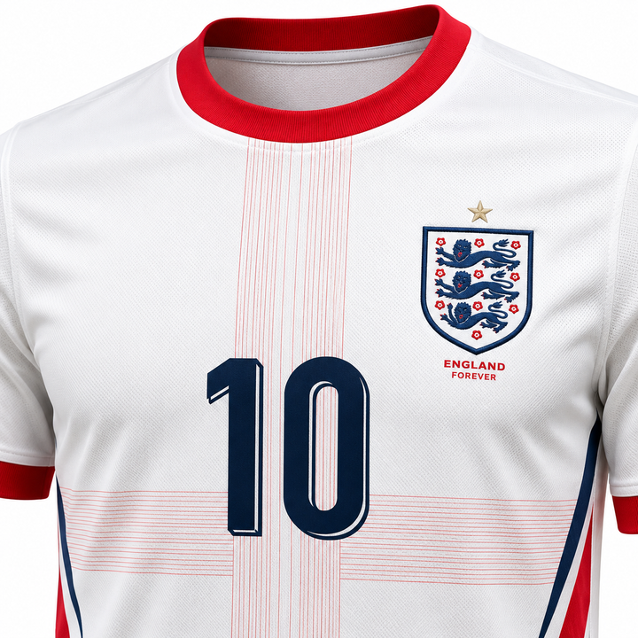 England white red No.10 fan tee collar crest and front print detail