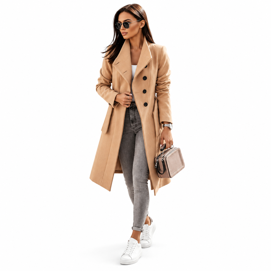 Belted coat for women in khaki shown full length on a model against a clean white studio background