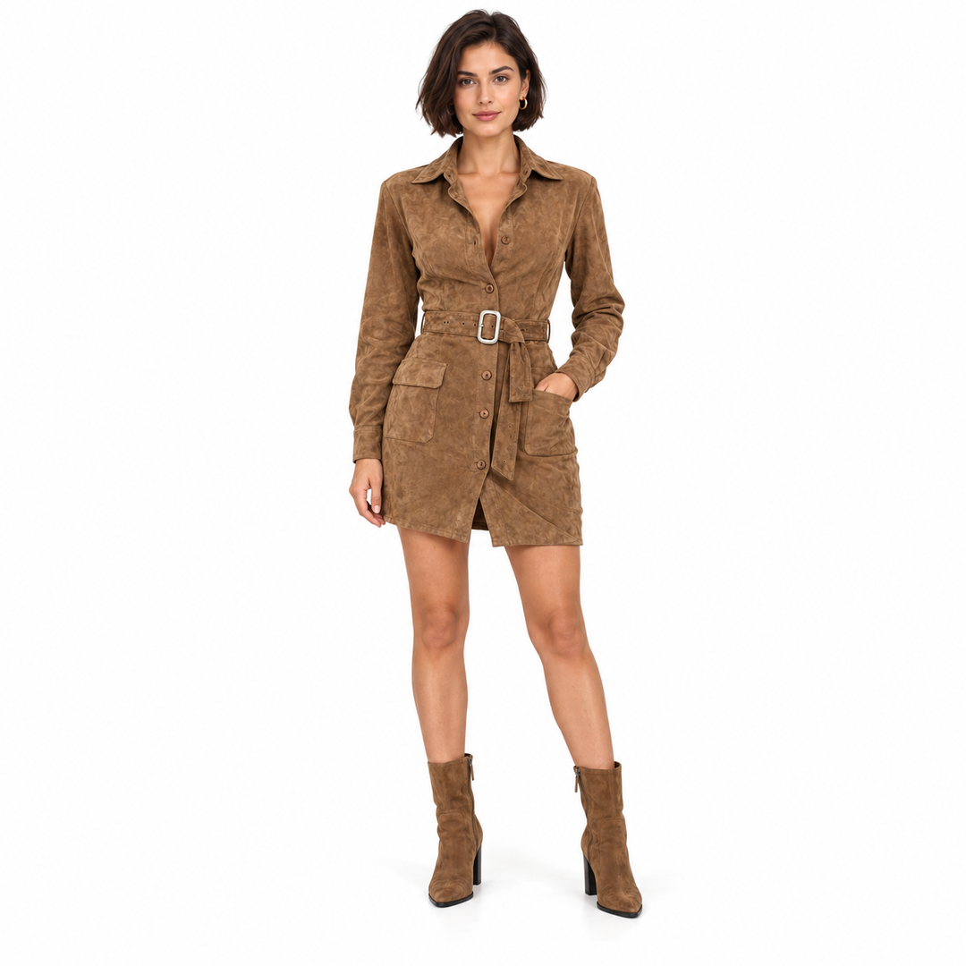 Camel long sleeve dress on second adult model with dark bob, matching buckle belt and ankle boots against a white background.
