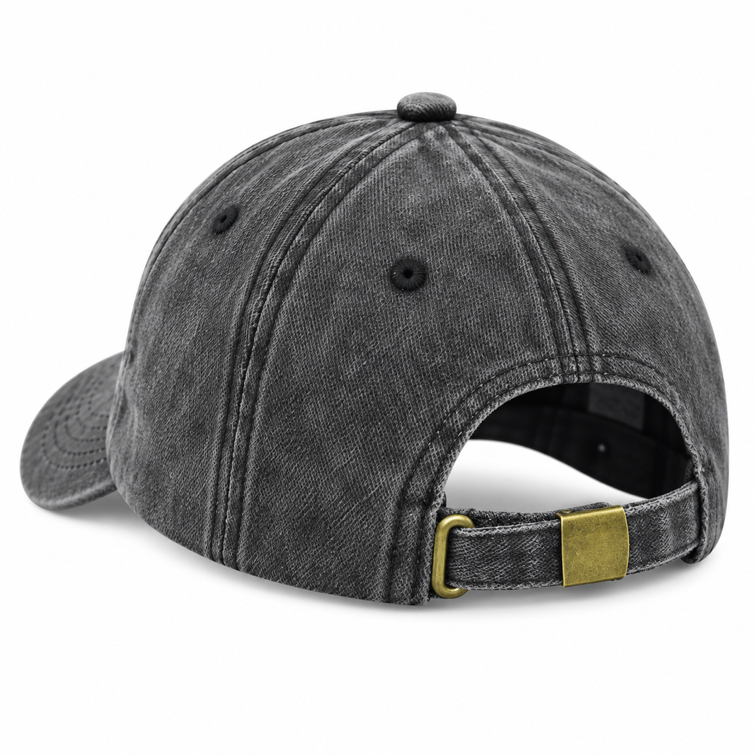 Best Mom Ever adjustable hat rear view showing washed black fabric strap and antique brass buckle closure