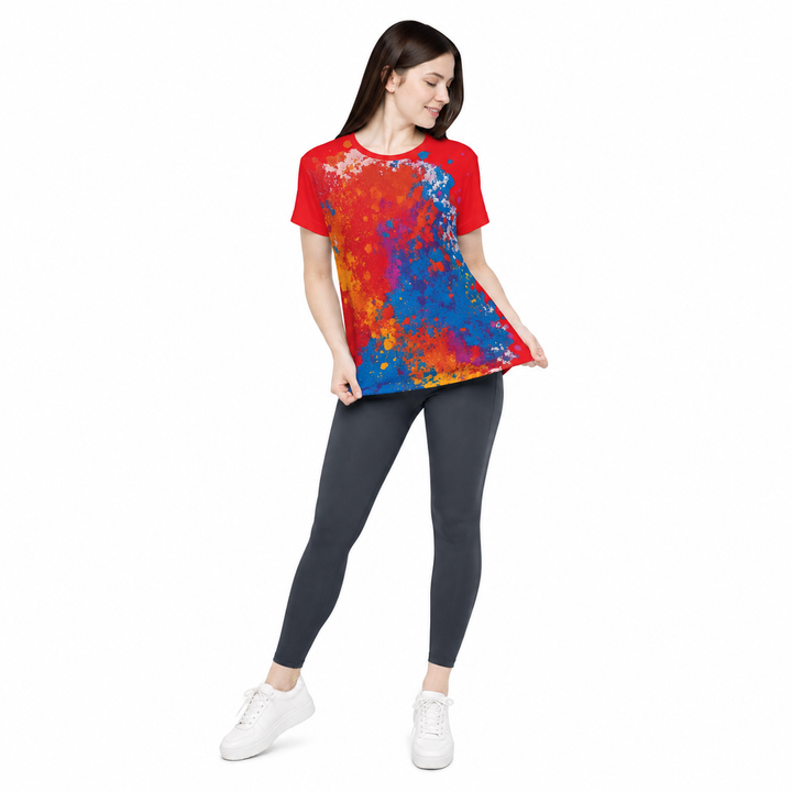 Bold all-over print workout shirt for women with short sleeves, ribbed neckline, and vibrant red casual sports look weekends.