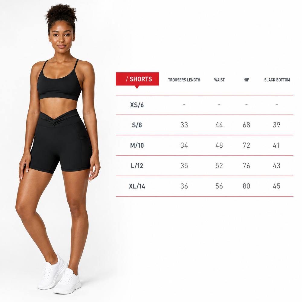 Women's bike shorts size chart with model, sizes XS/6 to XL/14 and garment measurements