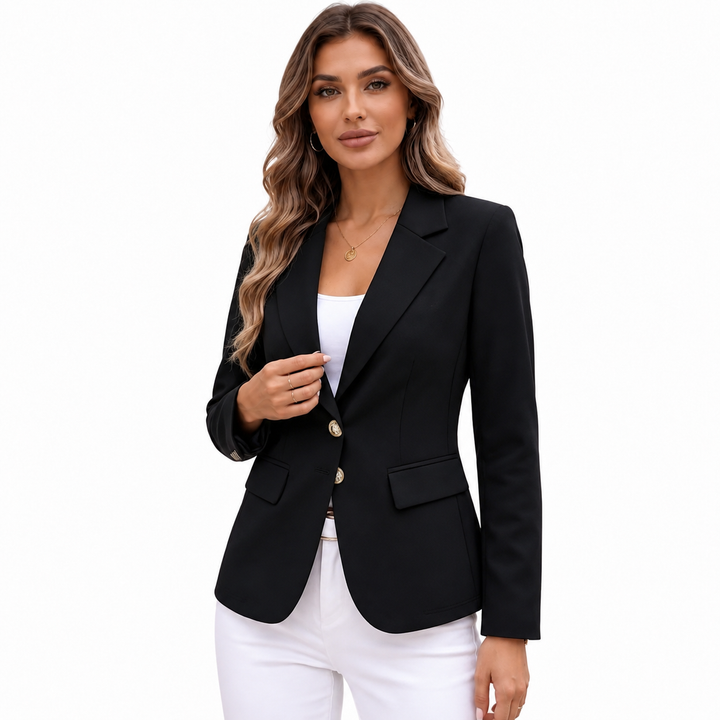 Black blazer on female model against bright studio background, showing notch lapel, two-button front and flap pocket details.