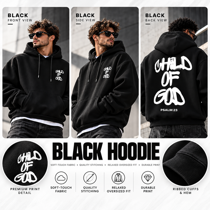 Black Child of God hoodie shown from front, side and back on male models