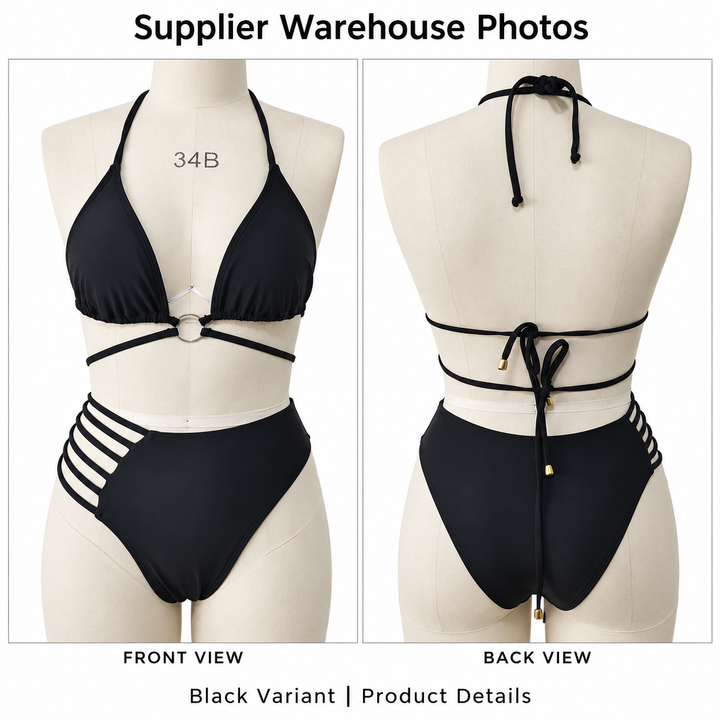 Black cutout bikini shown from the front and back on a mannequin, with Supplier Warehouse Photos title and tie strap details.