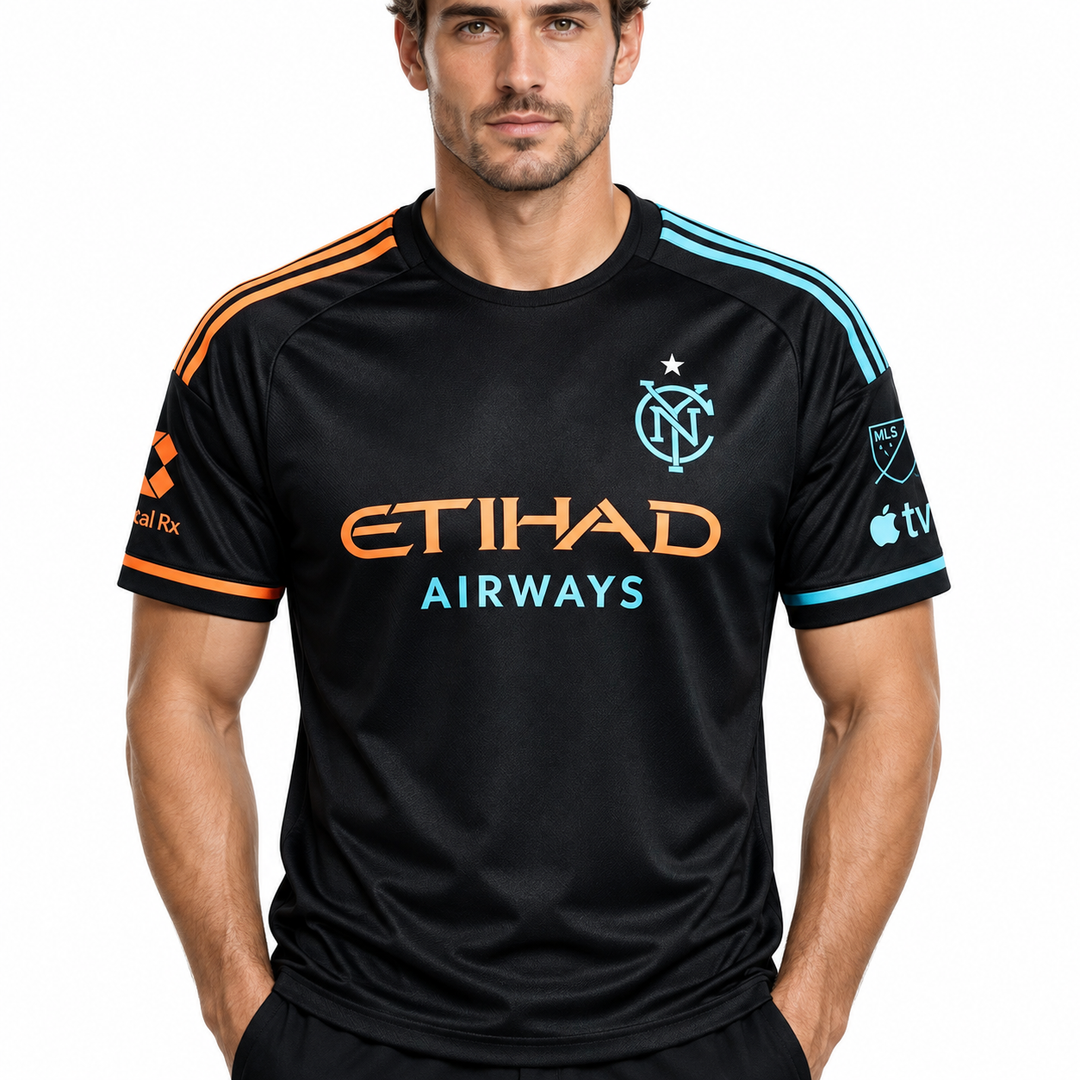 Black football fan jersey orange and cyan chest detail