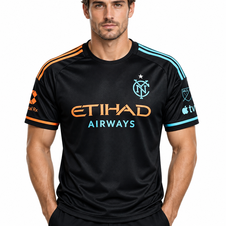 Black football fan jersey orange and cyan chest detail