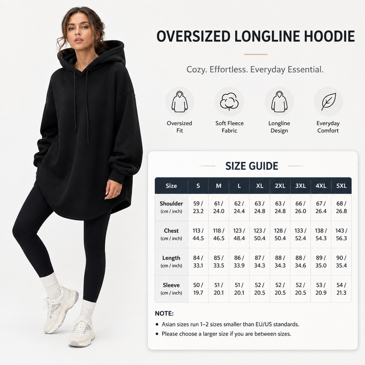 Black oversized hoodie women size guide showing S to 5XL options, and listed garment measurements for easier size comparison.