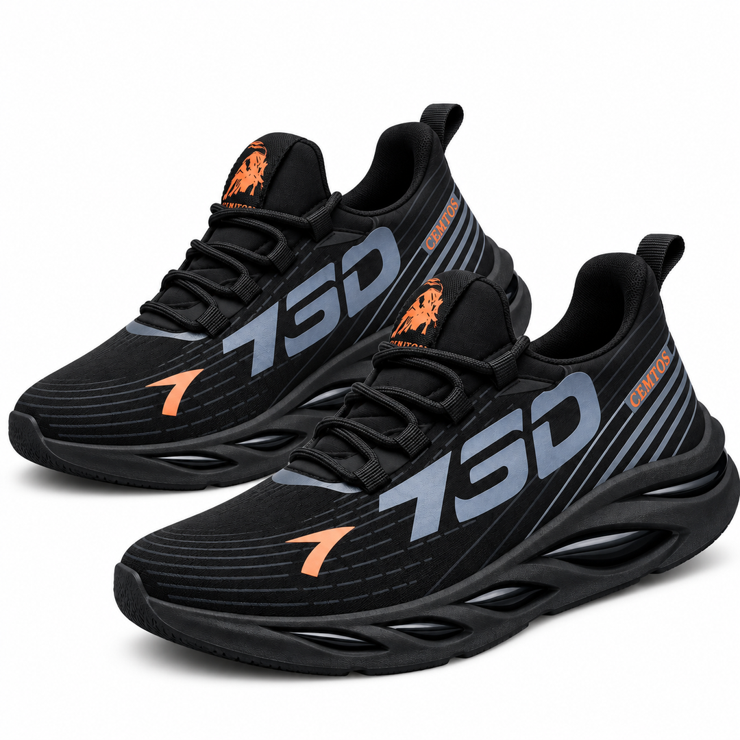Pair of black athletic-style shoes on white background showing matching side graphics and orange accents