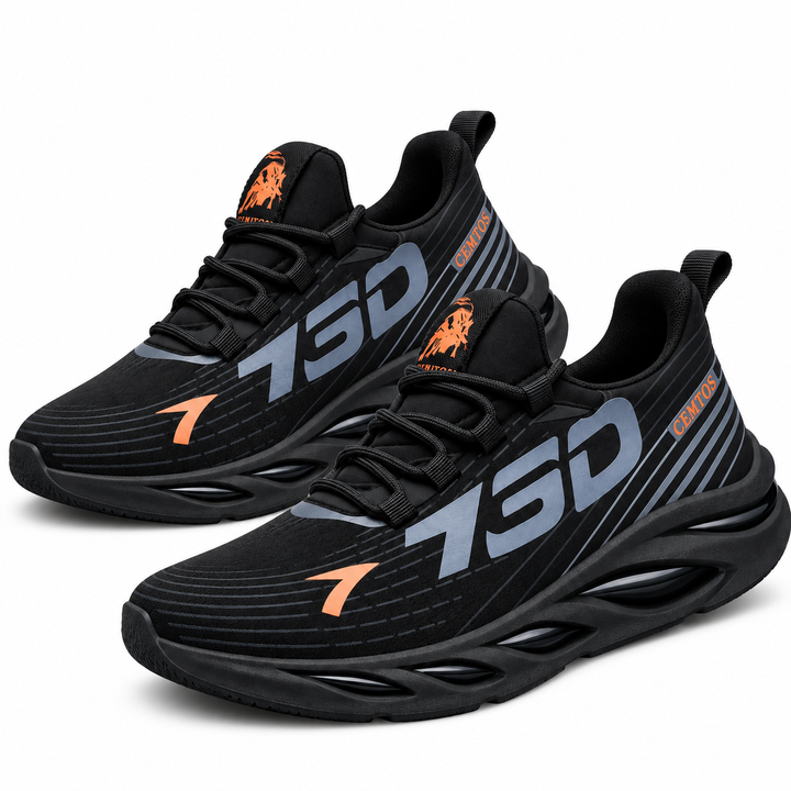 Pair of black athletic-style shoes on white background showing matching side graphics and orange accents
