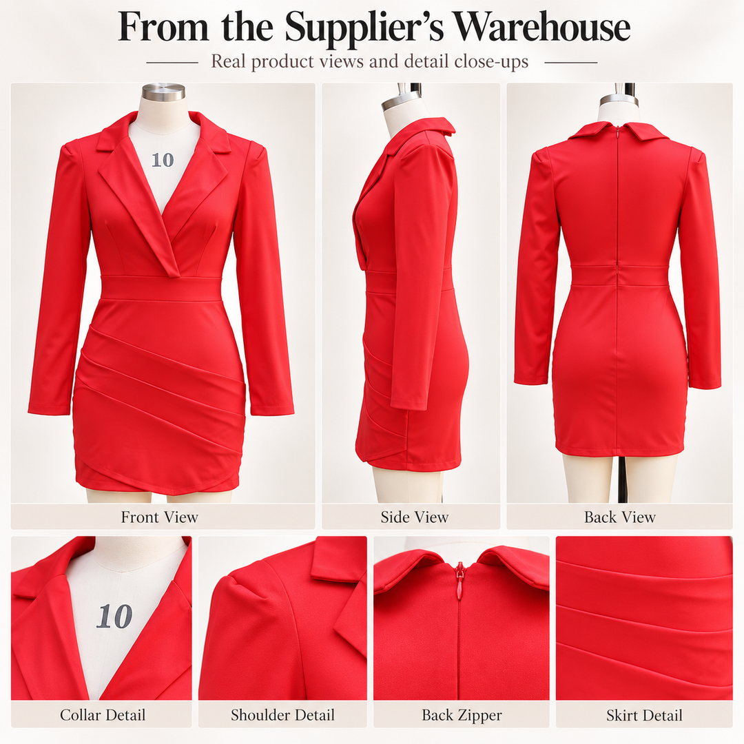 Red blazer dress catalog view with garment details