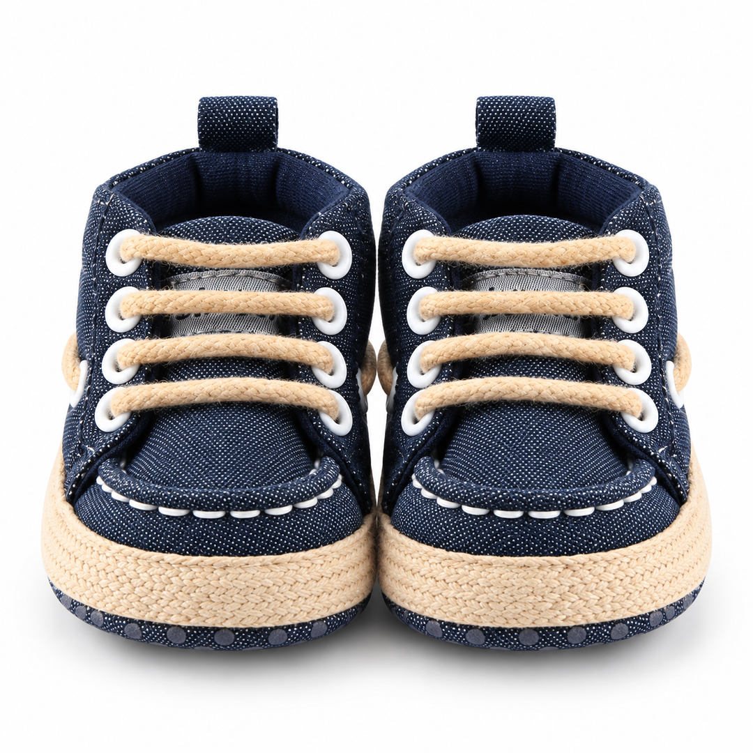Blue baby canvas crib shoes front view with lace-up design