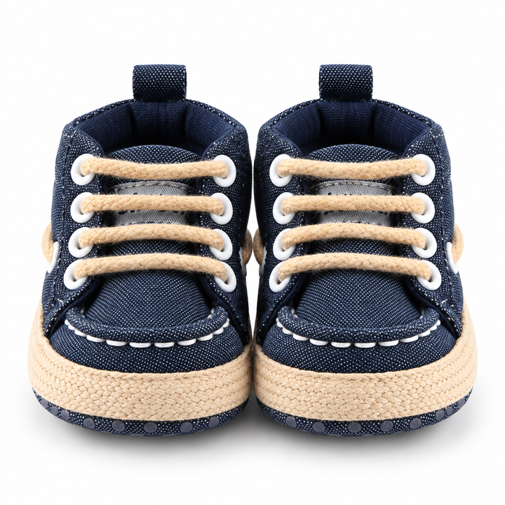 Blue baby canvas crib shoes front view with lace-up design