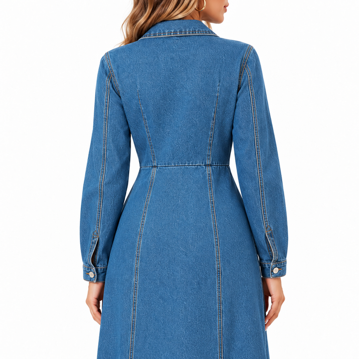 Back detail of blue denim dress showing collar, waist seam, sleeve cuffs and panel seams