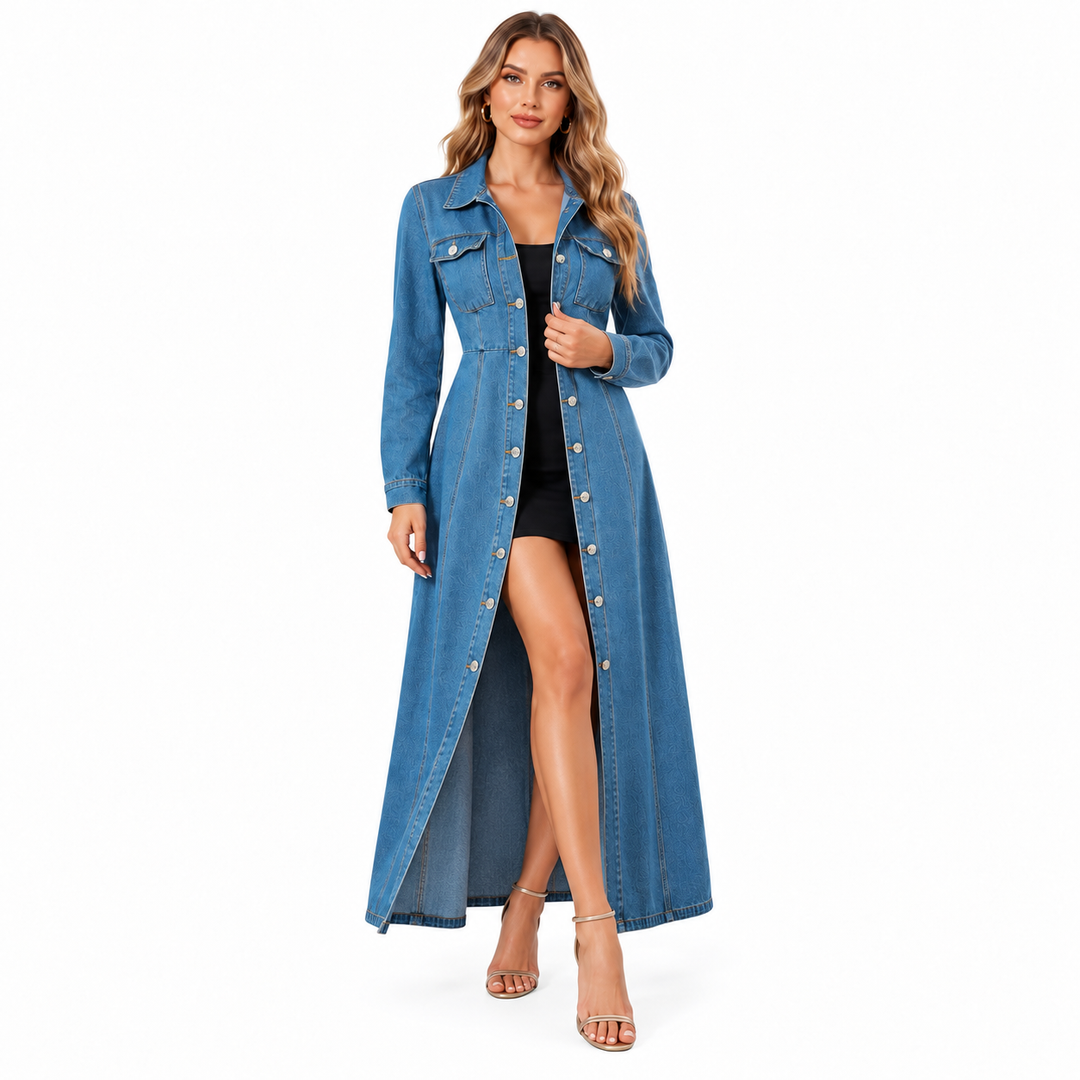 Blue denim maxi dress worn open over a black base layer with full-length button front