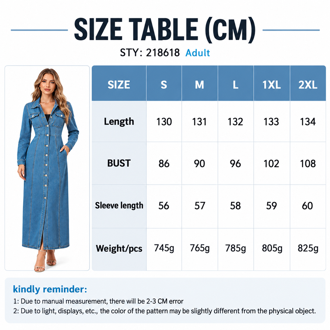 Size chart for blue denim maxi dress showing S, M, L, 1XL and 2XL measurements in cm