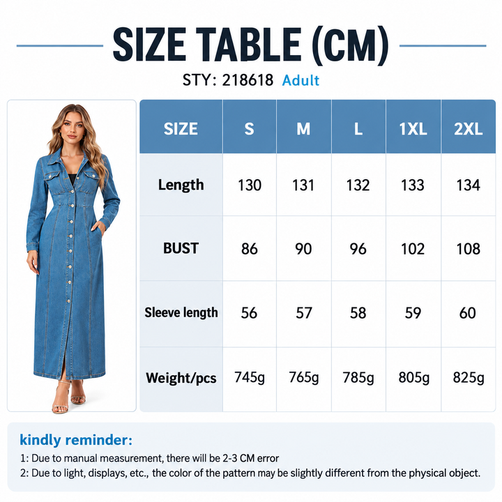 Size chart for blue denim maxi dress showing S, M, L, 1XL and 2XL measurements in cm