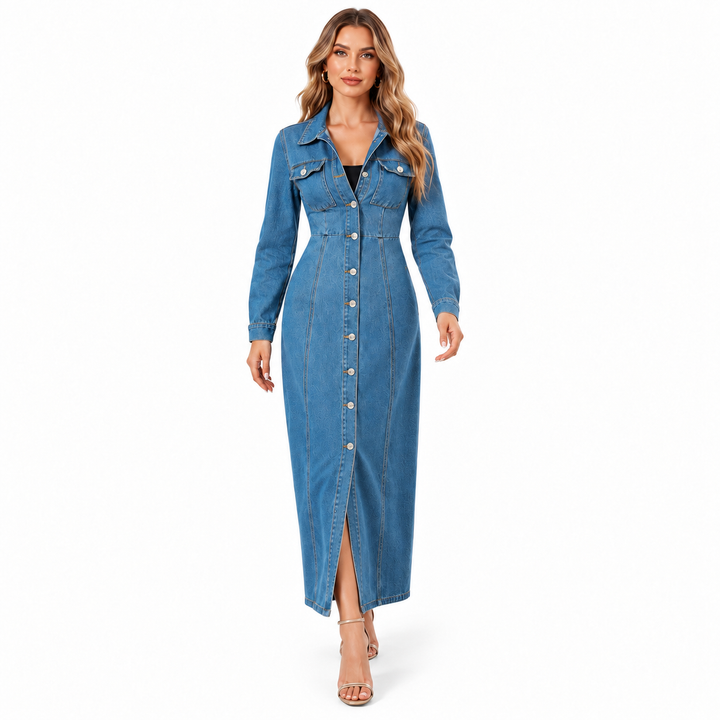 Blue denim maxi dress in a natural walking pose with long sleeves and ankle-length hem
