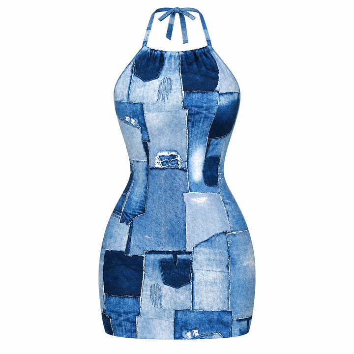 Isolated front view of the sold blue patchwork dress variant on a white background.