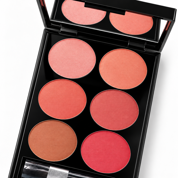 Close-up of six pressed blush shades and mirror