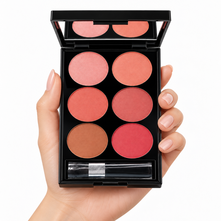 Open blush palette held in hand on white