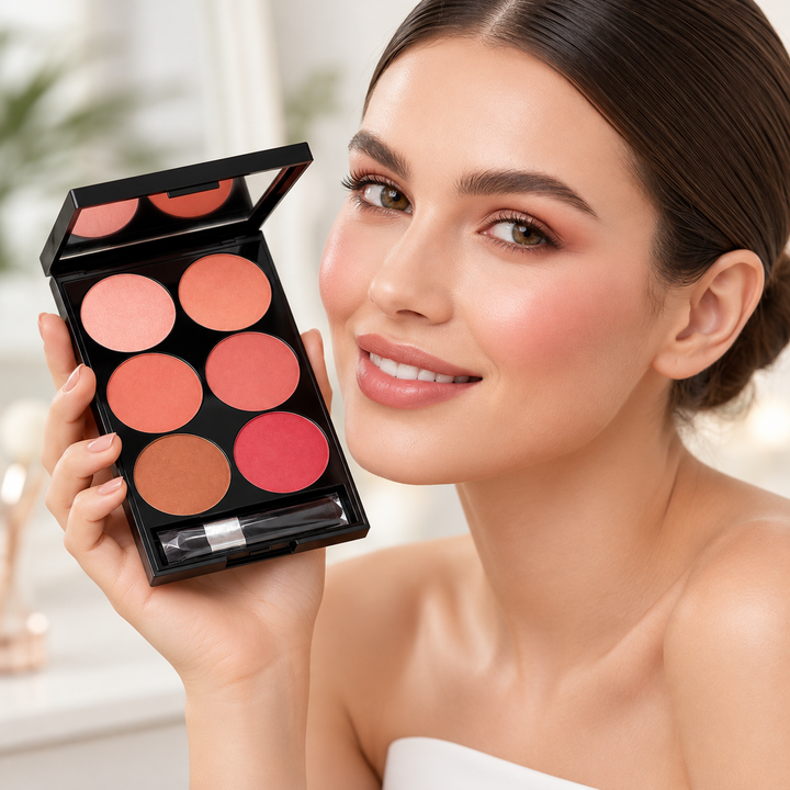 Beauty model holding open six-shade blush palette