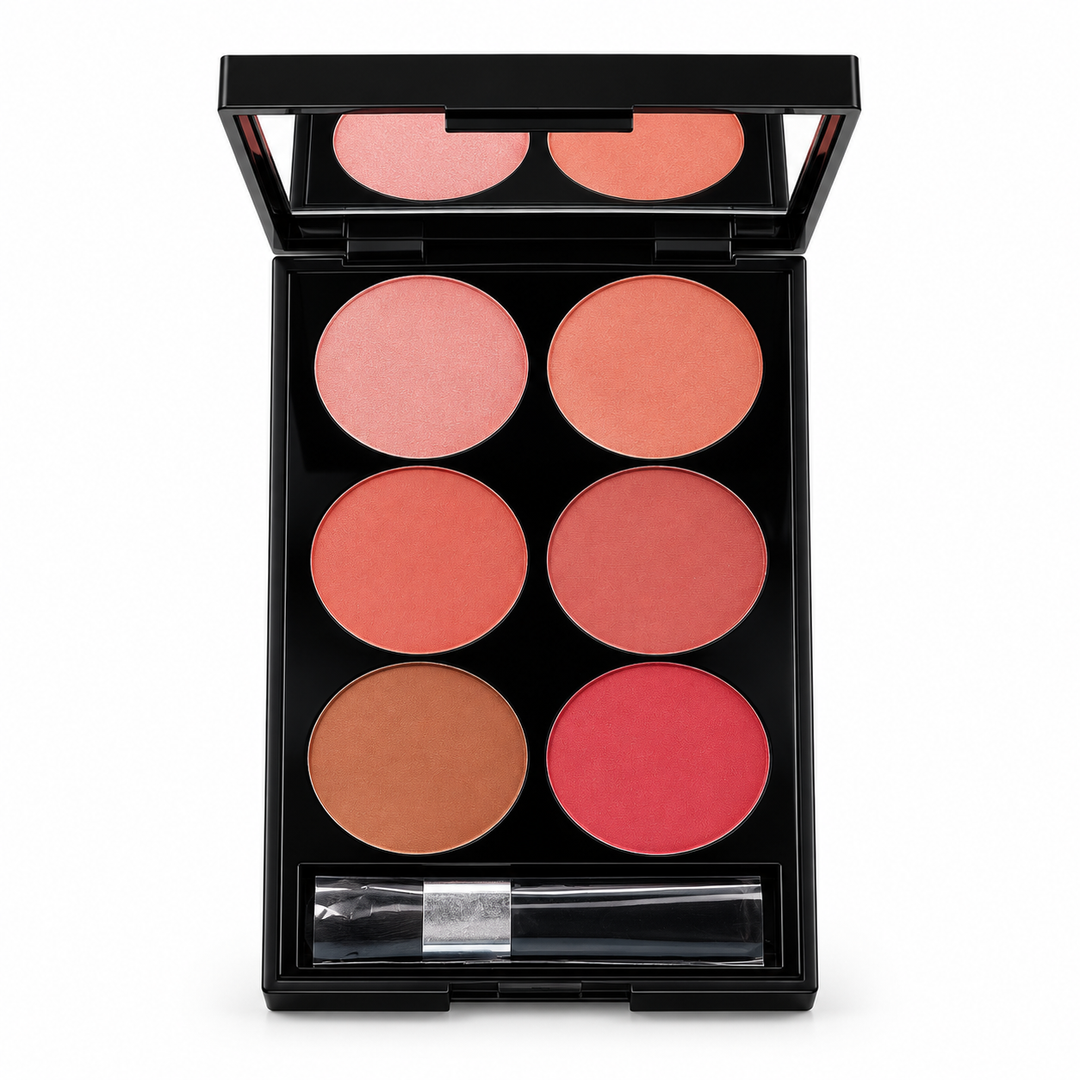 Six-shade blush palette open with mirror on white