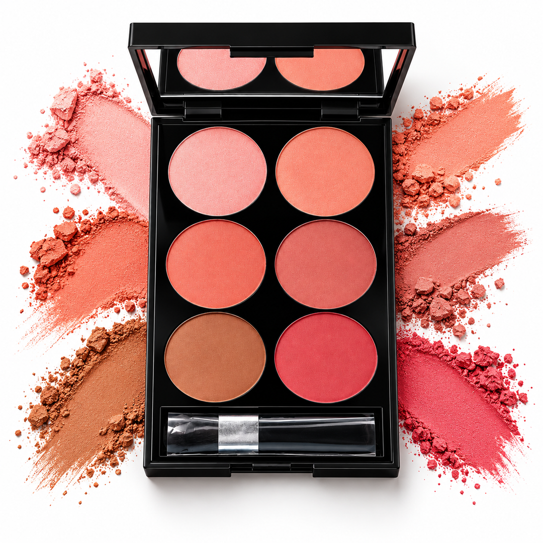 Six blush shades with coordinating powder swatches
