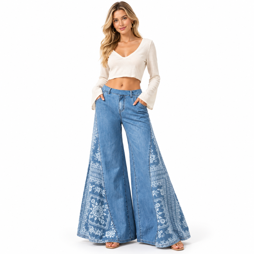 Bohemian wide leg pants in light blue with high waist and printed side panels