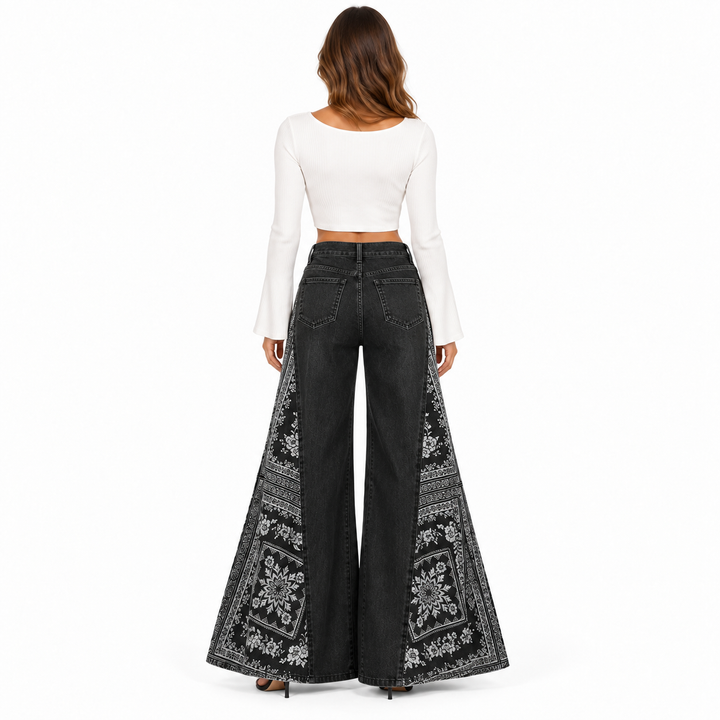 Bohemian wide leg pants in washed black, full back view showing wide printed panels