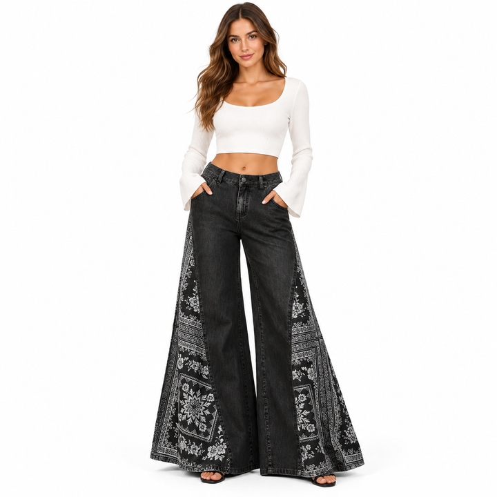 Bohemian wide leg pants in washed black, full-body front view with printed side panels