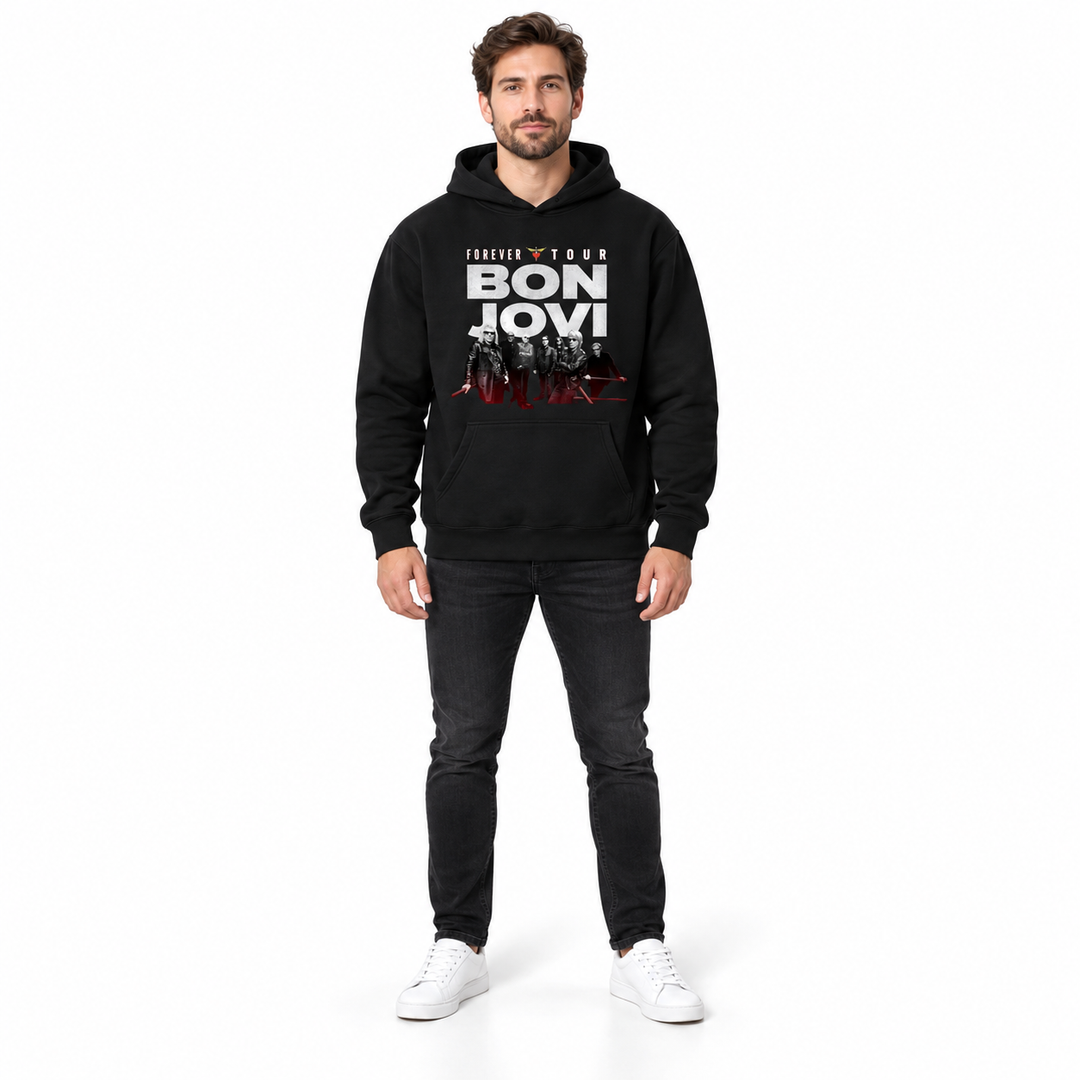 Bon Jovi graphic fleece hoodie in black, front view on a full-length male model wearing dark jeans against a white background
