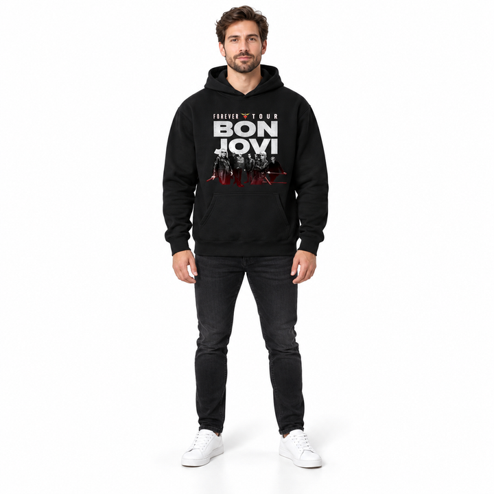 Bon Jovi graphic fleece hoodie in black, front view on a full-length male model wearing dark jeans against a white background