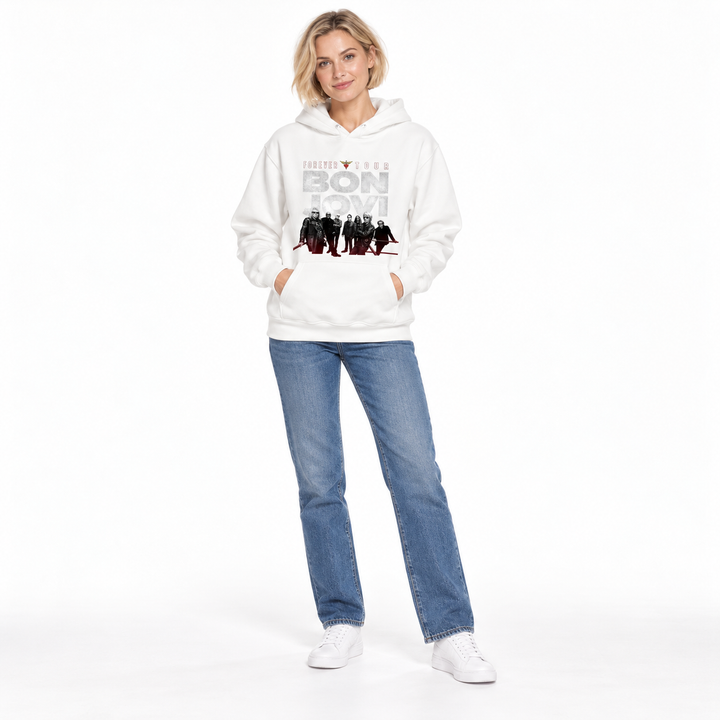 White graphic pullover hoodie on a full-length blonde female model wearing blue jeans and white trainers in the white studio.